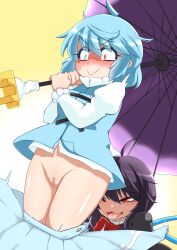 Rule 34 | 2girls, :&gt;, :3, ahoge, assisted exposure, black dress, black hair, blue eyes, blue hair, blue skirt, blue vest, blue wings, blush, bow, bowtie, breasts, bright pupils, censored, cleft of venus, closed mouth, commentary request, dress, fang, feet out of frame, geta, hayashitsu, heterochromia, highres, holding, holding umbrella, houjuu nue, juliet sleeves, long sleeves, medium breasts, mosaic censoring, multiple girls, no panties, nose blush, open mouth, pantsing, presenting another, puffy sleeves, purple umbrella, pussy, red bow, red bowtie, red eyes, shiny skin, shirt, short hair, skirt, surprised, tatara kogasa, tongue, tongue out, touhou, umbrella, v-shaped eyebrows, vest, white pupils, white shirt, wings