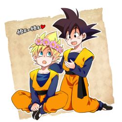 Rule 34 | 2boys, :d, :o, black eyes, black hair, blonde hair, blue eyes, character name, child, clone, dougi, dragon ball, dragonball z, flower, happy, head wreath, heart, kneeling, long sleeves, looking at another, male focus, multiple boys, open mouth, rochiko (bgl6751010), simple background, sitting, smile, son goten, super saiyan, super saiyan 1, translation request, white background