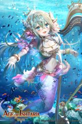 Rule 34 | 1girl, age of ishtaria, bare shoulders, blue eyes, bracelet, breasts, bubble, cleavage, company name, copyright name, copyright notice, crown, fins, fish, green hair, harp, head fins, instrument, jewelry, kikugetsu, long hair, low twintails, mermaid, midriff, monster girl, navel, official art, open mouth, shell, siren (age of ishtaria), solo, star (symbol), tattoo, twintails, underwater