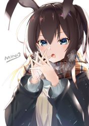 Rule 34 | 1girl, :o, amiya (arknights), animal ears, arknights, artist name, black jacket, blue eyes, blush, breath, brown hair, brown scarf, chinese commentary, commentary request, hair between eyes, hands up, highres, jacket, long hair, long sleeves, looking at viewer, minoominoomi, open clothes, open jacket, open mouth, rabbit ears, scarf, simple background, solo, upper body, white background