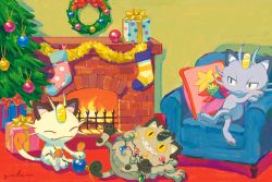 Rule 34 | alolan form, alolan meowth, box, chair, character print, christmas, christmas lights, christmas tree, closed mouth, creatures (company), cushion, closed eyes, fangs, fangs out, fire, fireplace, galarian form, galarian meowth, game freak, gatao, gen 1 pokemon, gen 7 pokemon, gen 8 pokemon, gift, gift box, gossifleur, indoors, meowth, nintendo, no humans, pokemon, pokemon (creature), signature, sitting, smile, symbol-only commentary, teeth, wreath
