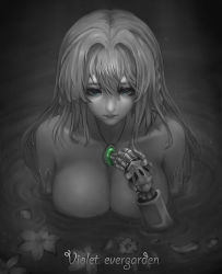 Rule 34 | 10s, 1girl, absurdres, bare shoulders, blonde hair, blue eyes, braid, breasts, brooch, cleavage, greyscale, hair between eyes, hair intakes, hand on own chest, highres, in water, jewelry, large breasts, long hair, mechanical arms, mechanical hands, monochrome, necklace, nude, petals, petals on liquid, prosthesis, prosthetic hand, single mechanical hand, solo, those girls, violet (flower), violet evergarden, violet evergarden (series), water