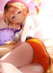 Rule 34 | 1girl, nanashi inc., bare arms, bare legs, bed sheet, blonde hair, blue eyes, bracelet, closed mouth, detached collar, fuyuno taka, hair between eyes, heart, heart print, highres, hiyoku no crosspiece, jewelry, looking at viewer, lying, necktie, on side, orange shorts, pillow, purple necktie, short hair, short shorts, shorts, smile, solo, strapless, touri sei, virtual youtuber, wing collar