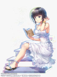 Rule 34 | 1girl, black eyes, book, bow, breasts, brown footwear, brown hair, capura lin, cleavage, copyright request, dress, full body, hand up, highres, holding, holding book, medium breasts, official art, open book, parted lips, reading, sandals, sitting, sitting on stairs, sleeveless, sleeveless dress, solo, stairs, sundress, watermark, white background, white bow, white dress