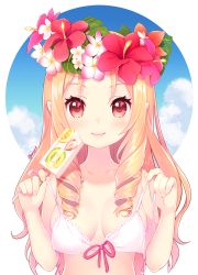 Rule 34 | 10s, 1girl, artist name, blonde hair, bra, unworn bra, breasts, closed mouth, day, dmyomyo, drill hair, eromanga sensei, flower, food, hair flower, hair ornament, holding clothes, holding underwear, long hair, looking at viewer, medium breasts, pointy ears, popsicle, red eyes, smile, solo, symbol-shaped pupils, twin drills, underwear, upper body, white bra, yamada elf