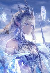 Rule 34 | 1girl, anbe yoshirou, armor, bare shoulders, blue eyes, breasts, cloud, cloudy sky, crop top, cryokinesis, final fantasy, final fantasy xvi, grey eyes, highres, ice, ice crystal, long hair, looking to the side, magic, midriff, outdoors, pointy ears, serious, shiva (final fantasy), silver hair, sky, small breasts, solo, tiara, upper body, very long hair