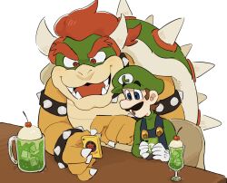 Rule 34 | 2boys, blonde hair, blue eyes, bowser, bracelet, brown hair, facial hair, gloves, happy, hat, highres, jewelry, luigi, male focus, mario (series), mimimi (mimimim9999), multiple boys, mustache, nintendo, open mouth, overalls, parfait, phone, shirt, short hair, smile, spiked bracelet, spikes, white gloves