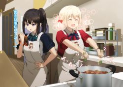 Rule 34 | 2girls, :d, ^ ^, absurdres, apron, arema, black hair, blonde hair, closed eyes, commentary request, closed eyes, food, hair ribbon, highres, holding, indoors, inoue takina, kitchen, lycoris recoil, multiple girls, nishikigi chisato, open mouth, pepper, ponytail, purple eyes, red ribbon, ribbon, short hair, short twintails, smile, translation request, twintails, uniform, white apron