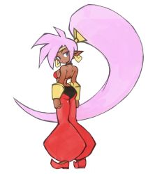 Rule 34 | 1girl, absurdly long hair, ass, breasts, earrings, highres, jewelry, long hair, looking at viewer, looking back, medium breasts, pointy ears, ponytail, shantae, shantae (series), solo, very long hair, white background, zachsnyderart