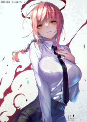 Rule 34 | 1girl, blood, blood splatter, braid, braided ponytail, breasts, chainsaw man, dress shirt, duplicate, hand on own chest, hong (white spider), large breasts, looking at viewer, looking down, makima (chainsaw man), necktie, pants, pink lips, pixel-perfect duplicate, red hair, shiny clothes, shirt, simple background, smile, yellow eyes