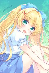Rule 34 | 1girl, :d, blonde hair, blue bow, blue skirt, blush, bow, casual, commentary request, eyelashes, eyes visible through hair, frilled sleeves, frills, from side, green background, green eyes, hair between eyes, hair bow, hair intakes, hair ornament, head tilt, highres, hugging own legs, knees up, kousetsu, long hair, looking at viewer, open mouth, puffy short sleeves, puffy sleeves, shirt, short sleeves, simple background, sitting, skirt, smile, solo, summer pockets, tsumugi wenders, twintails, twitter username, very long hair, white shirt, x hair ornament