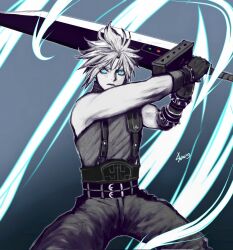 Rule 34 | 1boy, baggy pants, bare shoulders, belt, black gloves, blue eyes, buster sword, closed mouth, cloud strife, commentary, cowboy shot, fighting stance, final fantasy, final fantasy vii, final fantasy vii remake, gloves, glowing, glowing eyes, hands up, highres, holding, holding sword, holding weapon, huge weapon, looking at viewer, male focus, materia, multiple belts, pants, serious, shinogu r, short hair, signature, sleeveless, sleeveless turtleneck, solo, spiked hair, suspenders, sweater, sword, turtleneck, turtleneck sweater, weapon