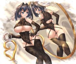 Rule 34 | 1girl, absurdres, ass, back cutout, bare shoulders, black gloves, black hair, black leotard, black thighhighs, blue eyes, breasts, clothing cutout, earrings, elbow gloves, gloves, hair intakes, hand on own hip, highleg, highres, hololive, hololive english, honkivampy, indoors, jewelry, large breasts, leotard, light particles, looking at mirror, looking to the side, medium hair, mirror, ouro kronii, sleeveless, smile, striped clothes, striped leotard, thighhighs, underboob, underboob cutout, virtual youtuber, window