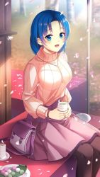 Rule 34 | 1girl, :d, black legwear, blue eyes, blue hair, blush, bracelet, breasts, cherry blossoms, cup, dango, day, doukyuusei 2, doukyuusei another world, food, game cg, green tea, grey skirt, hair intakes, hanami, holding, jewelry, large breasts, long sleeves, miniskirt, nonomura misato, official art, open mouth, outdoors, ribbed sweater, sanshoku dango, short hair, sitting, skirt, smile, solo, sweater, tea, teacup, wagashi, white sweater