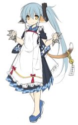 Rule 34 | 1girl, alternate costume, animal ears, apron, arashi (warship girls r), bell, blue dress, blue footwear, blue hair, clenched hand, closed mouth, dress, enmaided, eyes visible through hair, floral print, frilled apron, frills, full body, hair between eyes, hair ornament, holding, holding weapon, japanese clothes, long hair, looking at viewer, maid, maid apron, pleated skirt, pocket, shenbei xiaoqiu, shoes, side ponytail, simple background, sketch, skirt, smile, solo, spiked knuckles, standing, tail, wa maid, warship girls r, weapon, white background, yellow eyes