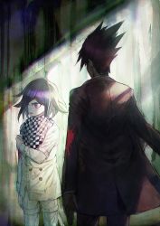 Rule 34 | 2boys, aoki (fumomo), black hair, black scarf, blood, blood on clothes, buttons, checkered clothes, checkered neckwear, checkered scarf, commentary request, danganronpa (series), danganronpa v3: killing harmony, double-breasted, flipped hair, from behind, grey jacket, hand on own arm, jacket, long sleeves, looking at another, looking away, male focus, momota kaito, multiple boys, oma kokichi, pants, pink blood, pink jacket, pink pants, purple eyes, purple hair, scarf, short hair, spiked hair, straitjacket, white scarf