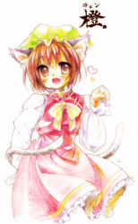 Rule 34 | 1girl, animal ears, brown eyes, brown hair, cat ears, cat girl, cat tail, chen, choco (moyasi), choko (moyasi), colored pencil, colored pencil (medium), earrings, fang, female focus, hat, heart, highres, jewelry, multiple tails, paw pose, pencil, short hair, solo, tail, touhou, traditional media