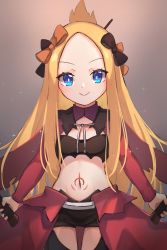 Rule 34 | 1girl, abigail williams (fate), blonde hair, blue eyes, blush, bow, breasts, chloe von einzbern, chloe von einzbern (cosplay), closed mouth, cosplay, dual wielding, fate/grand order, fate/kaleid liner prisma illya, fate (series), forehead, hair bow, half updo, highres, holding, long hair, long sleeves, looking at viewer, miya (miyaruta), multiple hair bows, navel, orange bow, parted bangs, small breasts, smile, solo, stomach tattoo, sword, tattoo, thighs, weapon