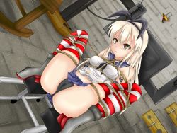 Rule 34 | 10s, 1girl, :&lt;, animal ears, bdsm, black panties, blonde hair, bondage, bound, breast bondage, cameltoe, dutch angle, fake animal ears, frogtie, hakase6287, kantai collection, legs up, long hair, midriff, panties, rabbit ears, rope, shimakaze (kancolle), skirt, solo, striped clothes, striped thighhighs, thighhighs, underwear, yellow eyes