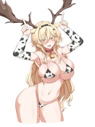 1girl absurdres alternate_costume animal_collar animal_ears animal_print antlers arknights armpits arms_up bell bikini black_hairband blonde_hair blue_eyes blush breasts cleavage collar commentary contrapposto cow_print cow_print_bikini cow_print_sleeves cowbell cowboy_shot cropped_legs deer_antlers deer_ears deer_girl detached_sleeves double-parted_bangs eyelashes fake_horns hair_between_eyes hair_ornament hairband highres horn_hairband horns horns_pose large_breasts long_hair looking_at_viewer micro_bikini mole mole_under_eye navel neck_bell open_mouth plume_(prun1541) print_bikini sidelocks simple_background skindentation smile solo standing string_bikini sweat swimsuit viviana_(arknights) white_background x_hair_ornament