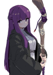 Rule 34 | 1girl, absurdres, blunt bangs, breasts, fern (sousou no frieren), highres, holding, holding staff, large breasts, long hair, looking at viewer, medium breasts, ocha (popopogg), purple eyes, purple hair, robe, simple background, solo, sousou no frieren, staff, white background