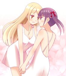Rule 34 | 2girls, absurdres, artist request, blonde hair, blush, breasts, cleavage, couple, dress, eye contact, hair ornament, holding hands, highres, interlocked fingers, looking at another, minami shizuku, multiple girls, noda kotone, open mouth, purple eyes, purple hair, sakura trick, short twintails, simple background, twintails, yellow eyes, yuri