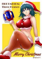 Rule 34 | 1girl, akino (gokosei), blue eyes, blue hair, box, byleth (female) (fire emblem), byleth (fire emblem), closed mouth, copyright name, fingerless gloves, fire emblem, fire emblem: three houses, fur trim, gift, gift box, gloves, hat, holding, medium hair, merry christmas, nintendo, pantyhose, pom pom (clothes), red gloves, red hat, santa costume, santa hat, simple background, smile, solo, twitter username, yellow background