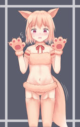 Rule 34 | absurdres, animal ears, animal hands, armband, belly, blonde hair, blush, brown legwear, brown panties, bustier, feet out of frame, flat chest, flying sweatdrops, fur-trimmed gloves, fur-trimmed panties, fur collar, fur trim, furrowed brow, garter straps, gloves, hair ornament, hands up, highres, koucha (edo krisna 5), medium hair, midriff, navel, neck ribbon, open mouth, original, panties, paw gloves, red eyes, red ribbon, ribbon, simple background, standing, sweatdrop, tail, tearing up, thighhighs, underwear