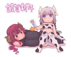 Rule 34 | 2021, 2girls, :o, age difference, alternate costume, animal costume, animal print, bikini, blue eyes, blunt bangs, breasts, child, chinese zodiac, cool-kyou shinja, cow print, dragon girl, dragon horns, dragon tail, flat chest, food, food on body, food on breasts, fruit, full body, gloves, gradient hair, highres, horns, huge breasts, ilulu (maidragon), kanna kamui, kobayashi-san chi no maidragon, large breasts, light purple hair, long hair, low twintails, lying, mandarin orange, multicolored hair, multiple girls, new year, official art, on side, onee-loli, oppai mochi, orange (fruit), panties, print bikini, print legwear, red eyes, red hair, shortstack, simple background, sitting, slit pupils, stomach, swimsuit, tail, thighhighs, twintails, underwear, white background, white gloves, year of the ox