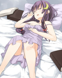 Rule 34 | 1girl, bad id, bad pixiv id, bare legs, book, camisole, chemise, crescent, crescent hair ornament, closed eyes, female focus, haine, hair ornament, highres, long hair, lying, on back, panties, pantyshot, patchouli knowledge, purple hair, sleeping, solo, strap slip, touhou, underwear, upskirt