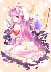 Rule 34 | 1girl, animal ears, book, bow, rabbit ears, rabbit tail, capelet, crescent, crescent hair ornament, female focus, flower, hair ornament, hat, kemonomimi mode, long hair, looking back, mimi (mimi puru), patchouli knowledge, pink eyes, pink hair, pocket watch, solo, tail, touhou, very long hair, watch