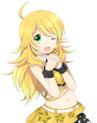 Rule 34 | ;3, ;d, blonde hair, costume, green eyes, hoshii miki, idolmaster, idolmaster (classic), long hair, masato ayame, one eye closed, open mouth, own hands together, smile, solo, wink, wristband