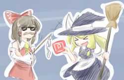 Rule 34 | &gt; &lt;, +++, 2girls, :d, apron, blonde hair, blue background, bow, braid, broom, brown hair, buttons, crossed arms, detached sleeves, closed eyes, facial hair, gohei, hair bow, hair tubes, hakurei reimu, hat, hat bow, highres, holding, kirisame marisa, multiple girls, mustache, open mouth, power-up, puffy sleeves, purple bow, red bow, short sleeves, side braid, single braid, sketch, smile, sunglasses, sweatdrop, touhou, waist apron, white bow, wide sleeves, witch hat, wool (miwol), xd