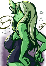 Rule 34 | 1girl, adjusting clothes, adjusting swimsuit, big-d, breasts, bug, colored skin, fly, freckles, green eyes, green skin, hair over one eye, horns, bug, large breasts, long hair, nurgle, one-piece swimsuit, school swimsuit, silver hair, single horn, solo, swimsuit, warhammer 40k