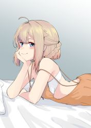 Rule 34 | 1girl, ahoge, backless dress, backless outfit, bare arms, bare shoulders, bed sheet, blue eyes, blush, braid, breasts, brown dress, brown hair, cevio, closed mouth, commentary request, dress, grey background, hair between eyes, highres, looking at viewer, lying, medium breasts, on stomach, one (cevio), pillow, sleeveless, sleeveless dress, smile, solo, zooanime