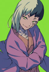 Rule 34 | 1boy, :p, asada hachi, asagiri gen, banned artist, black hair, commentary, dr. stone, facial mark, green background, green eyes, hands in opposite sleeves, head tilt, highres, japanese clothes, kimono, long sleeves, looking at viewer, male focus, medium hair, multicolored hair, purple kimono, simple background, smile, solo, symbol-only commentary, tongue, tongue out, twitter username, two-tone hair, upper body, watermark, white hair