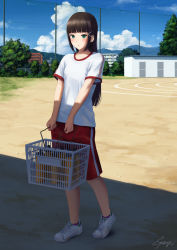 Rule 34 | 1girl, bad id, bad pixiv id, basket, blunt bangs, blush, bottle, building, carrying, cloud, day, green eyes, gym uniform, hair ornament, highres, kurosawa dia, long hair, love live!, love live! sunshine!!, mole, mole under mouth, outdoors, papi (papiron100), school, shade, shoes, signature, sky, sneakers, solo, track and field, tree, water bottle