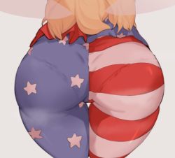 Rule 34 | 1girl, american flag legwear, ass, ass focus, blonde hair, clownpiece, commentary request, grey background, long hair, multicolored clothes, pantyhose, pantylines, simple background, solo, soya6479, star (symbol), star print, striped clothes, striped pantyhose, thigh gap, touhou, transparent wings, underwear, wings