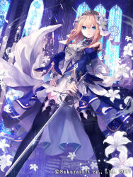 Rule 34 | 1girl, aqua eyes, armor, black thighhighs, blonde hair, blue dress, breastplate, church, closed mouth, copyright notice, detached sleeves, double-parted bangs, dress, dress flower, feet out of frame, flower, gold trim, hair between eyes, hair flower, hair ornament, hand on own hip, holding, holding sword, holding weapon, indoors, juliet sleeves, lace, lace-trimmed legwear, lace-trimmed thighhighs, lace trim, legs apart, lily (flower), long sleeves, looking at viewer, medium hair, natsuiro xx, official art, overskirt, pink nails, puffy sleeves, rapier, serious, solo, stained glass, standing, sword, teikoku senki, thighhighs, tiara, veil, weapon, white dress, white flower, white lily, white veil, window, wrist cuffs