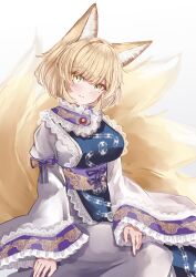 Rule 34 | 1girl, animal ears, blonde hair, closed mouth, dress, fox ears, fox tail, frilled sleeves, frills, highres, long sleeves, looking at viewer, multiple tails, no headwear, sarasadou dan, short hair, simple background, smile, solo, tabard, tail, touhou, white background, white dress, wide sleeves, yakumo ran, yellow eyes