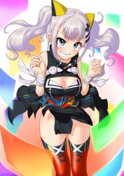 Rule 34 | 1girl, absurdres, biting, blue eyes, breasts, cleavage, cleavage cutout, clothing cutout, dedeen, dress, evil grin, evil smile, eyelashes, grin, groin, hair ornament, highres, kaguya luna, no panties, sash, short twintails, silver hair, sleeveless, smile, solo, standing, teeth, the moon studio, thighhighs, twintails, v-shaped eyebrows, virtual youtuber, zettai ryouiki