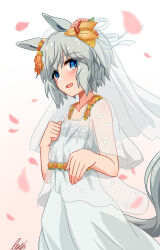 Rule 34 | 1girl, absurdres, animal ears, blue eyes, blush, bridal veil, commentary request, cowboy shot, dress, flat chest, flower, grey hair, hair flower, hair ornament, hand on own hip, highres, horse ears, horse girl, horse tail, lexis yayoi, looking at viewer, looking to the side, open mouth, petals, reaching, reaching towards viewer, rose petals, seiun sky (umamusume), short hair, signature, smile, solo, standing, tail, umamusume, veil, white background, white dress