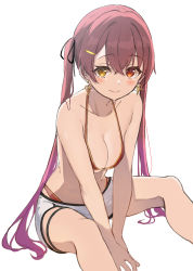 Rule 34 | 1girl, bad id, bad pixiv id, bare arms, bare shoulders, between legs, bikini, black ribbon, blush, breasts, cleavage, closed mouth, collarbone, earrings, feet out of frame, gradient hair, hair ornament, hair ribbon, hairclip, hand between legs, heart, heart earrings, heterochromia, highres, hololive, houshou marine, houshou marine (summer), icehotmilktea, invisible chair, jewelry, long hair, looking at viewer, medium breasts, multicolored hair, pink hair, red bikini, red eyes, red hair, ribbon, short shorts, shorts, simple background, sitting, smile, solo, spread legs, swimsuit, thigh strap, very long hair, virtual youtuber, white background, white shorts, yellow eyes
