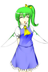 Rule 34 | 1girl, arms behind back, ascot, bad anatomy, bad id, bad pixiv id, blue dress, daiyousei, dress, closed eyes, fairy wings, female focus, frills, green hair, long hair, moguran, poorly drawn, side ponytail, smile, solo, standing, touhou, wings