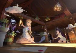 Rule 34 | 1s44c, 4girls, absurdres, animal ear fluff, animal ears, attic, bare legs, bare shoulders, barefoot, black hair, blonde hair, blue eyes, blue hair, blurry, blurry foreground, brown theme, cloud, cup, dress, flower pot, glasses, gloves, highres, kneeling, long hair, looking at another, mini person, minigirl, mug, multiple girls, original, plant, pointy ears, potted plant, rain, red eyes, roomscape, syringe, white dress, wooden floor