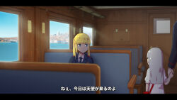 Rule 34 | 1other, 2girls, abubu, ace combat, blender (medium), blonde hair, blue eyes, blue jacket, blue necktie, blunt bangs, child, closed mouth, commentary, english commentary, grey hair, highres, holding hands, jacket, letterboxed, long hair, military uniform, mixed-language commentary, multiple girls, necktie, original, shirt, sidelocks, train interior, translation request, uniform, white shirt