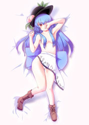 Rule 34 | 1girl, absurdres, bare legs, blue hair, boots, censored, convenient censoring, coo (coonekocoo), covering one eye, cross-laced footwear, dakimakura (medium), female focus, flat chest, food, fruit, full body, hair censor, hair over breasts, hat, highres, hinanawi tenshi, lace-up boots, long hair, lying, on back, panties, pantyshot, peach, red eyes, simple background, skirt, solo, topless, touhou, underwear, upskirt, white background