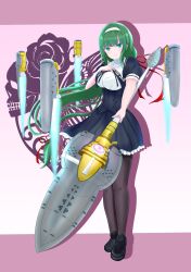 Rule 34 | 1girl, aqua eyes, assault lily, black footwear, black ribbon, black skirt, blunt bangs, breasts, brown pantyhose, commentary request, cropped jacket, drop shadow, emblem, frilled skirt, frills, full body, gradient background, green hair, hair ribbon, hairband, hand on own chest, hand up, hasebe touka, highres, holding, holding polearm, holding weapon, large breasts, letterboxed, light blush, light smile, loafers, long hair, looking at viewer, low-tied long hair, miniskirt, neck ribbon, outside border, pantyhose, parted lips, pink background, polearm, puffy short sleeves, puffy sleeves, red ribbon, ribbon, school uniform, shirt, shoes, short sleeves, skirt, solo, standing, toremo rin, underbust, very long hair, weapon, white hairband, white shirt, yurigaoka girls academy school uniform