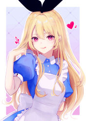 Rule 34 | 1girl, alice (alice in wonderland), alice in wonderland, apron, back bow, blonde hair, bow, collared dress, commentary, dress, hair bow, heart, highres, long hair, looking at viewer, nekomaaro, pink eyes, puffy short sleeves, puffy sleeves, short sleeves, smile, solo, tongue, tongue out