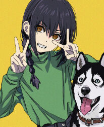Rule 34 | 1girl, black hair, blue eyes, braid, brown eyes, chainsaw man, commentary, dog, double v, english commentary, green shirt, grin, hair between eyes, hair over one eye, hands up, head tilt, husky, long hair, long sleeves, looking to the side, nayuta (chainsaw man), ringed eyes, shiren (ourboy83), shirt, sidelocks, simple background, single braid, smile, tongue, tongue out, turtleneck, upper body, v, yellow background, yellow eyes